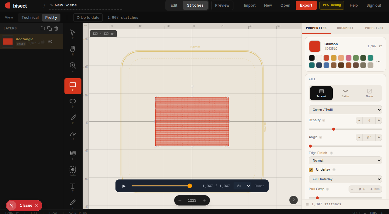 Pretty stitch view — thread-thickness strokes