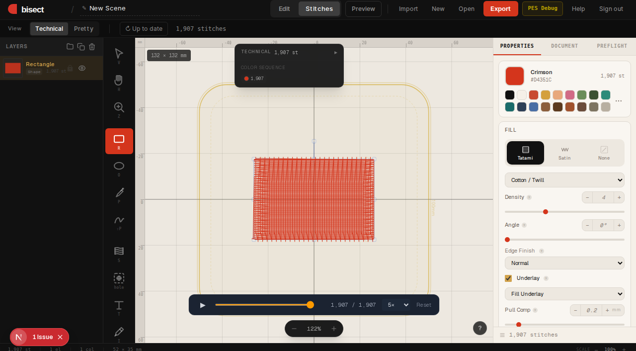 Technical stitch view — one line per needle position