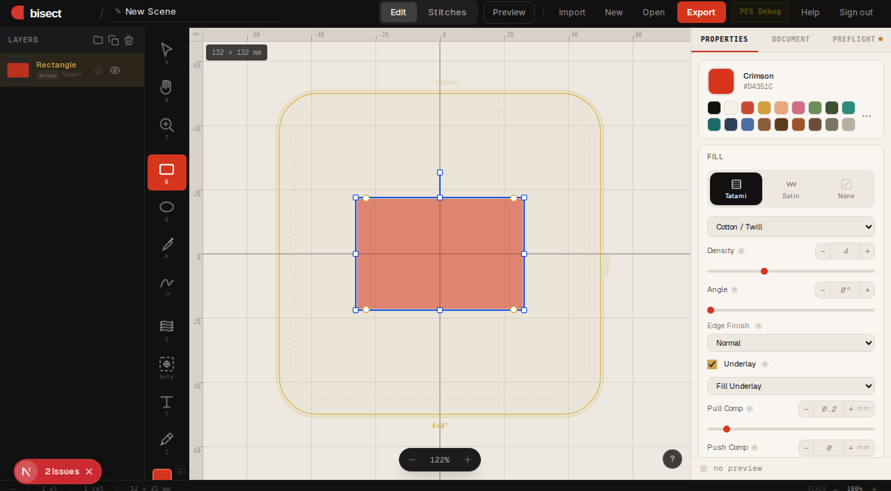 Ready to export — a tatami-filled rectangle with the Properties panel open