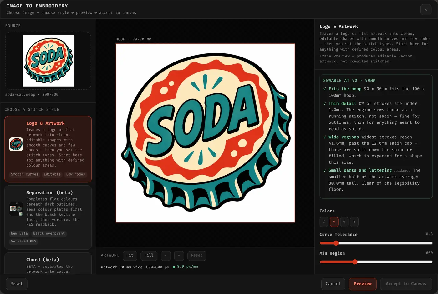 The Image to Embroidery dialog, with artwork on the framing surface