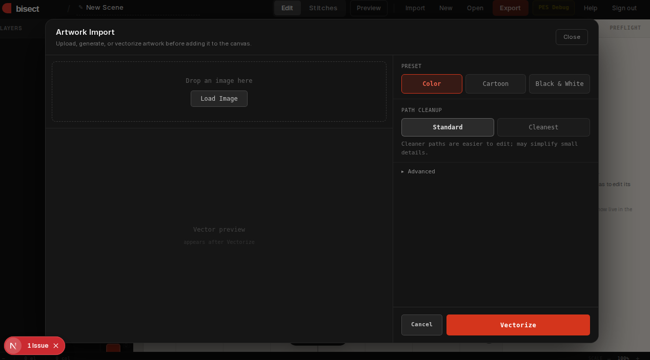Artwork Import — the auto-trace dialog