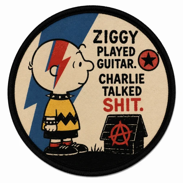 A busy circular patch: a character on a two-tone background, four lines of lettering, a star badge, a doghouse, and a heavy black border ring