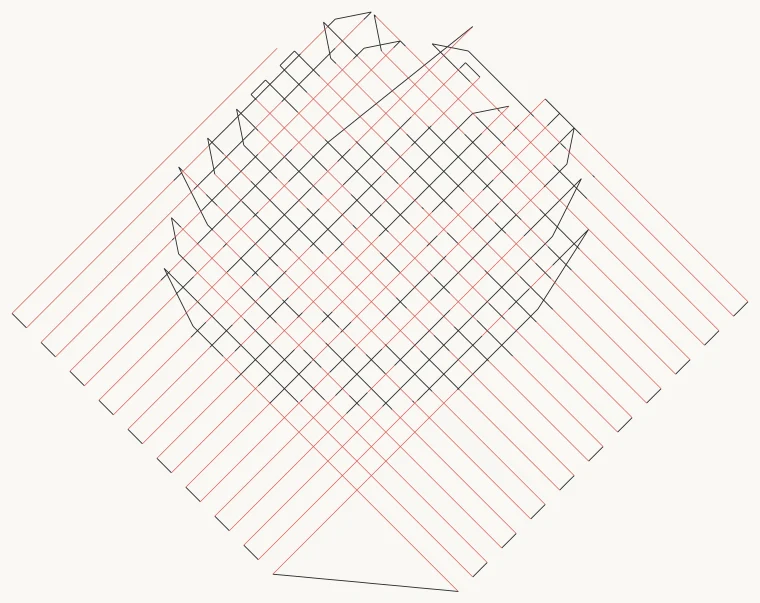 Sashiko's jumps criss-cross the whole frame and extend past the artwork