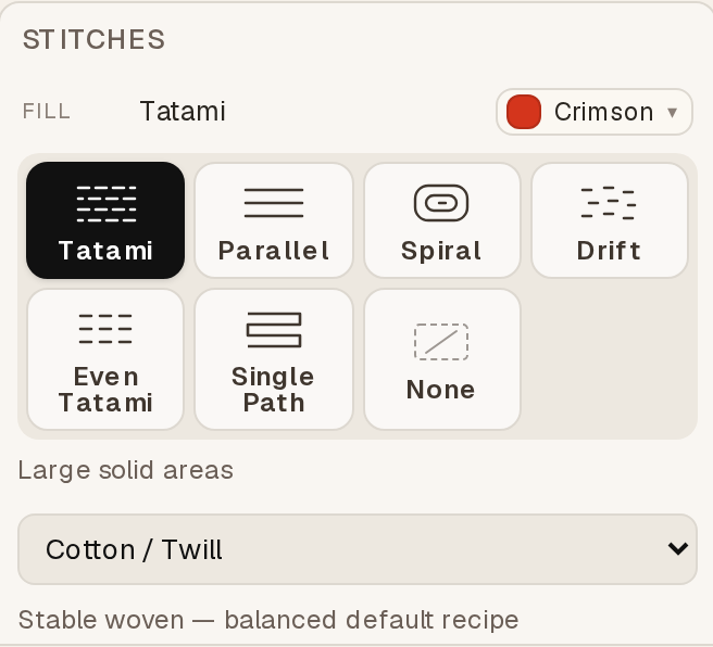The Fill section of the Properties panel, showing the seven fill-type buttons